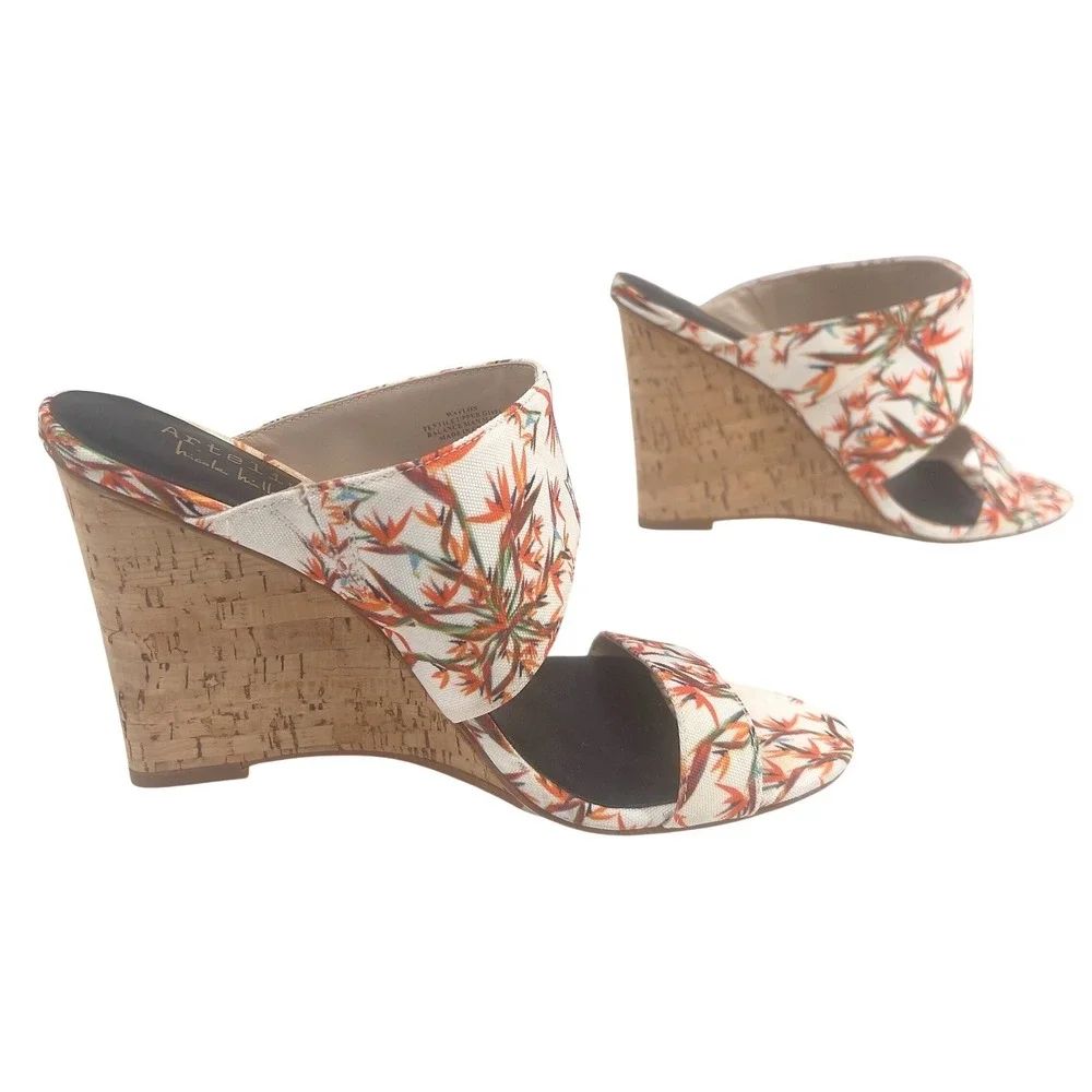 Nicole Miller Artelier Waylon Womens Cork Wedge Mule Floral Bird of Paradise 6.5